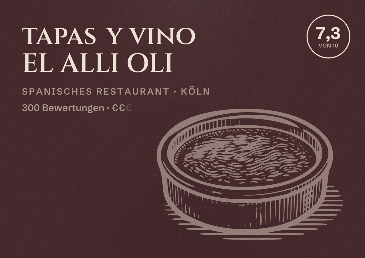 Illustriertes Poster von tapas y vino EL ALLI OLI, Spanisches Restaurant in Köln: Bewertung 7,3 von 10 aus 300 Bewertungen, Preisniveau €€