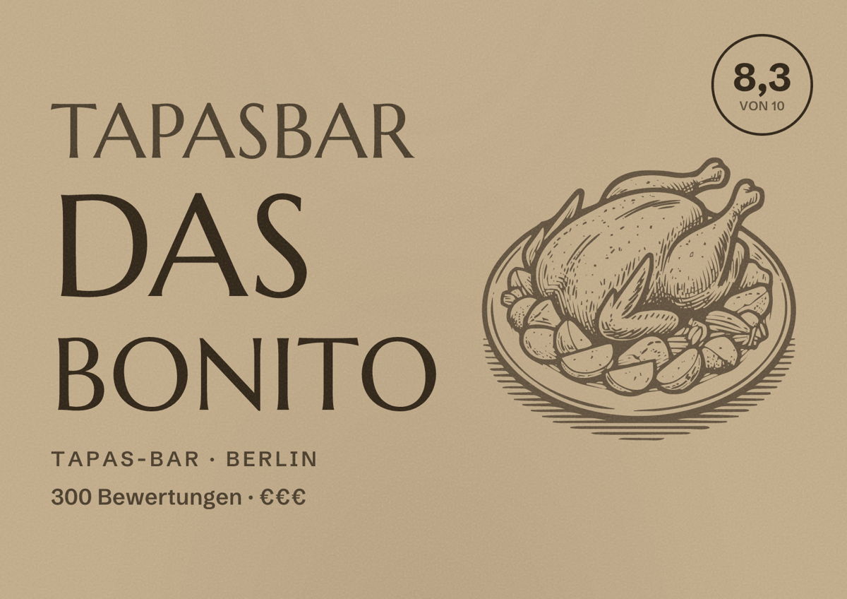 Illustriertes Poster von Tapasbar Das Bonito, Tapas-Bar in Berlin: Bewertung 8,3 von 10 aus 300 Bewertungen, Preisniveau €€€
