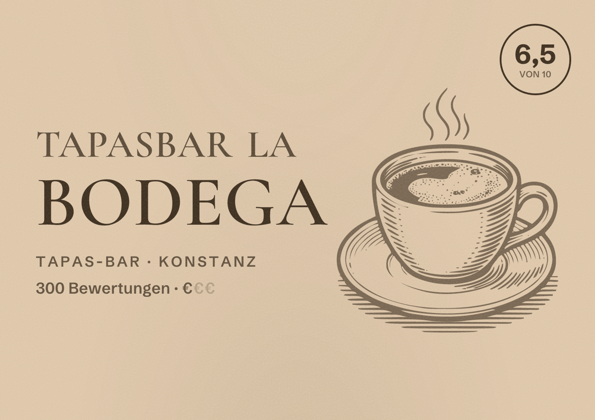 Illustriertes Poster von Tapasbar La Bodega, Tapas-Bar in Konstanz: Bewertung 6,5 von 10 aus 300 Bewertungen, Preisniveau €