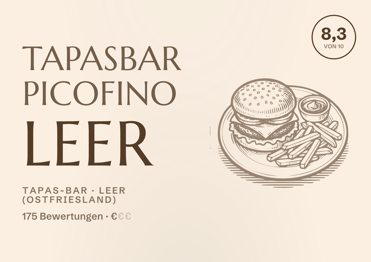 Illustriertes Poster von Tapasbar Picofino Leer, Tapas-Bar in Leer (Ostfriesland): Bewertung 8,3 von 10 aus 175 Bewertungen, Preisniveau €
