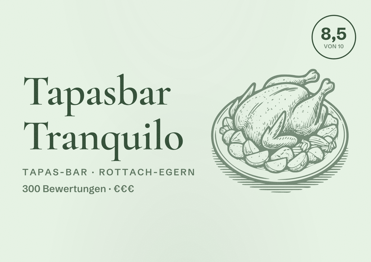 Illustriertes Poster von Tapasbar Tranquilo, Tapas-Bar in Rottach-Egern: Bewertung 8,5 von 10 aus 300 Bewertungen, Preisniveau €€€