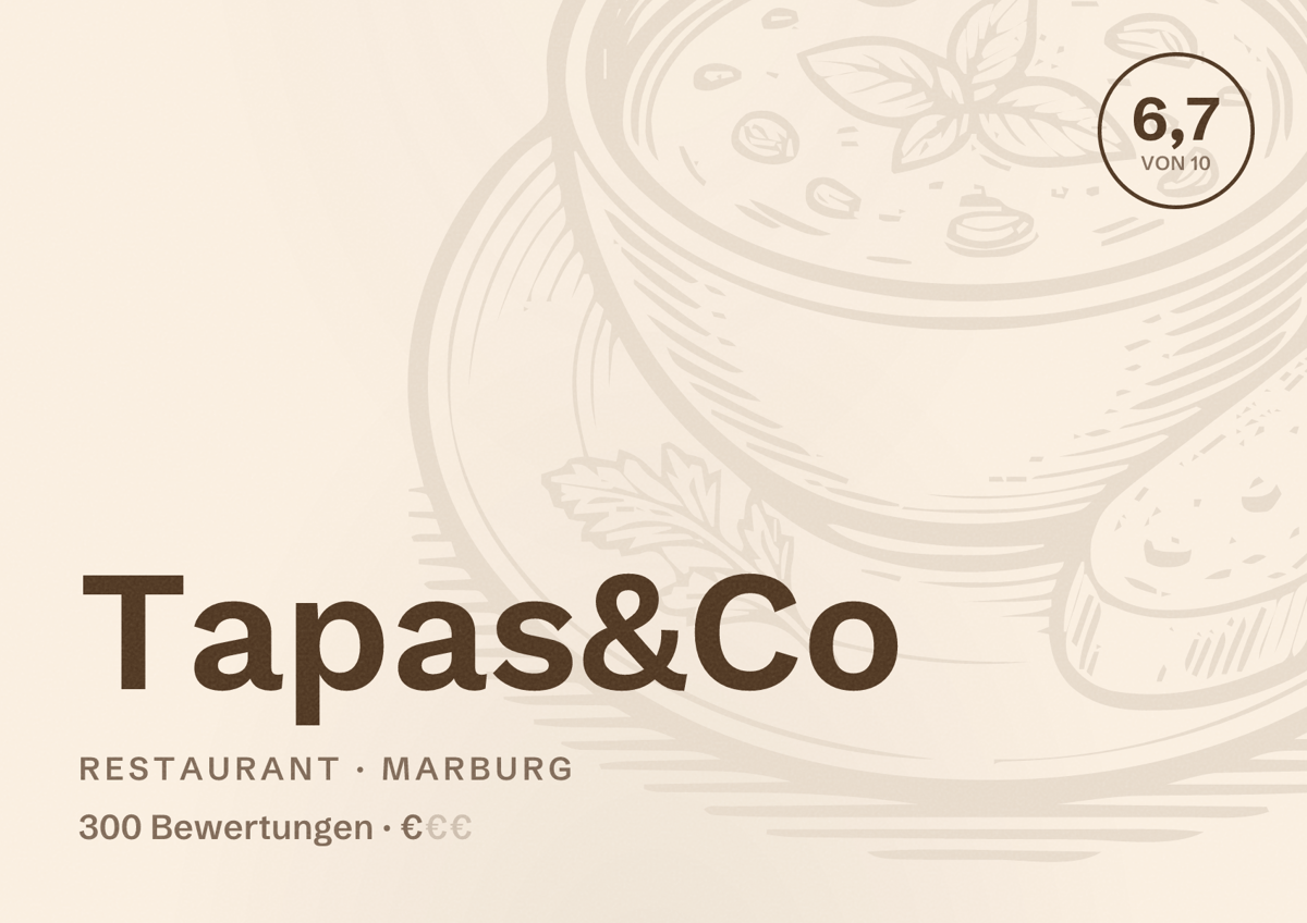 Illustriertes Poster von Tapas&Co, Restaurant in Marburg: Bewertung 6,7 von 10 aus 300 Bewertungen, Preisniveau €