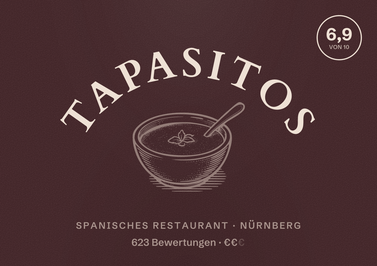 Illustriertes Poster von Tapasitos, Spanisches Restaurant in Nürnberg: Gästebewertung 6,9 von 10 aus 623 Bewertungen