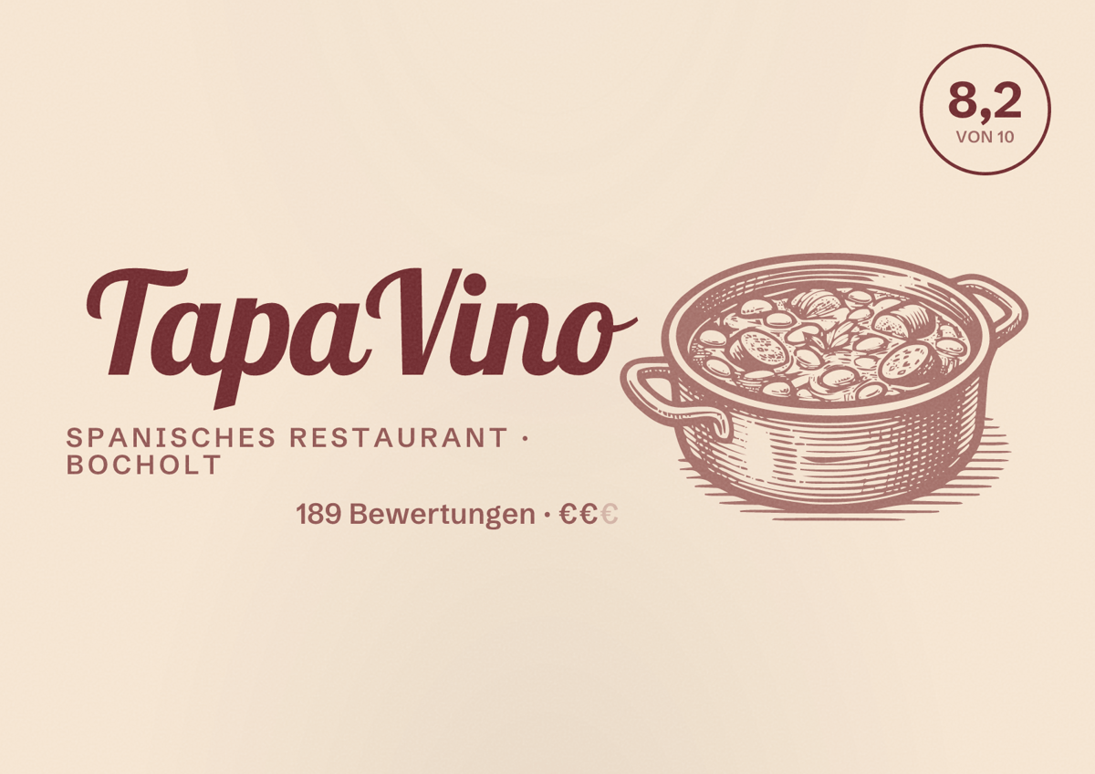 Illustriertes Poster von TapaVino, Spanisches Restaurant in Bocholt: Bewertung 8,2 von 10 aus 189 Bewertungen, Preisniveau €€