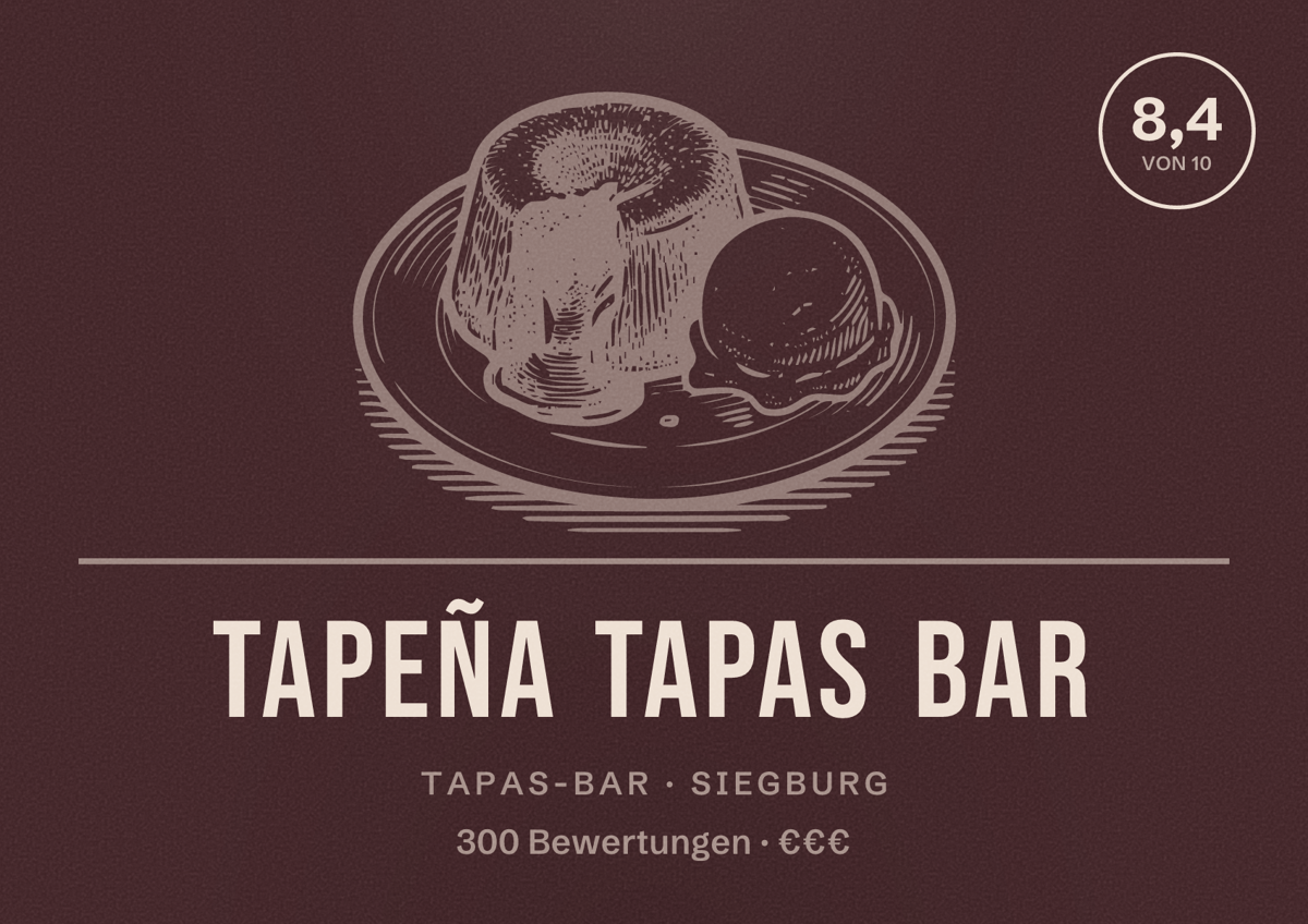 Illustriertes Poster von Tapeña Tapas Bar, Tapas-Bar in Siegburg: Bewertung 8,4 von 10 aus 300 Bewertungen, Preisniveau €€€