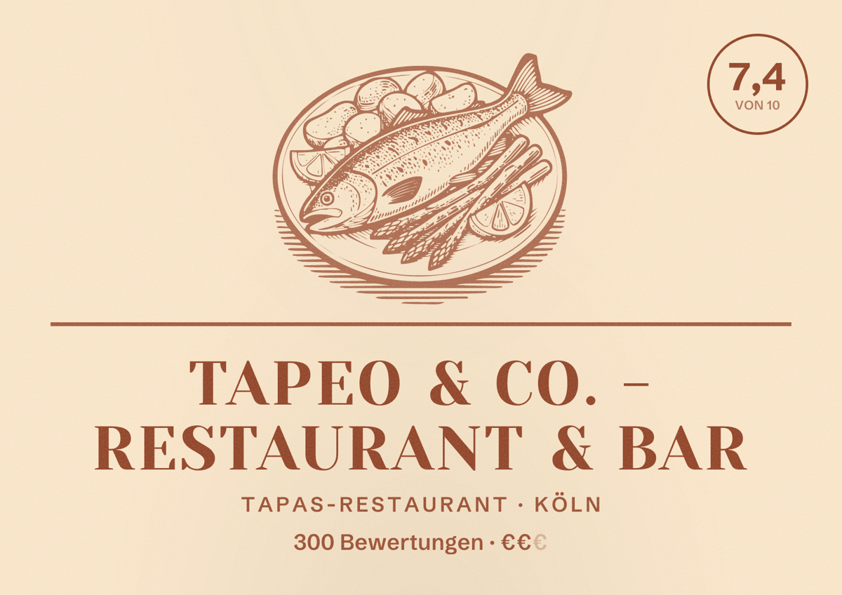 Illustriertes Poster von Tapeo & Co. - Restaurant & Bar, Tapas-Restaurant in Köln: Bewertung 7,4 von 10 aus 300 Bewertungen, Preisniveau €€