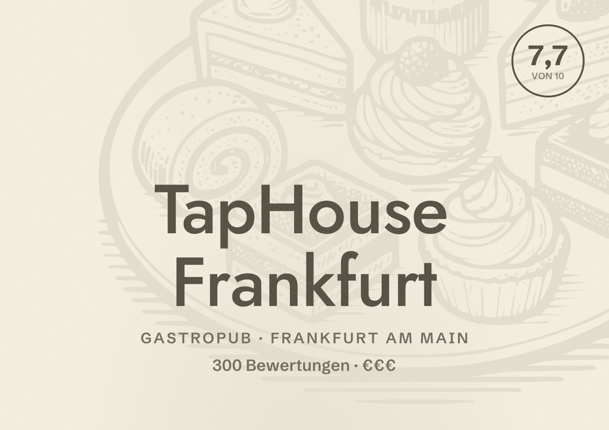 Illustriertes Poster von TapHouse Frankfurt, Gastropub in Frankfurt am Main: Bewertung 7,7 von 10 aus 300 Bewertungen, Preisniveau €€€