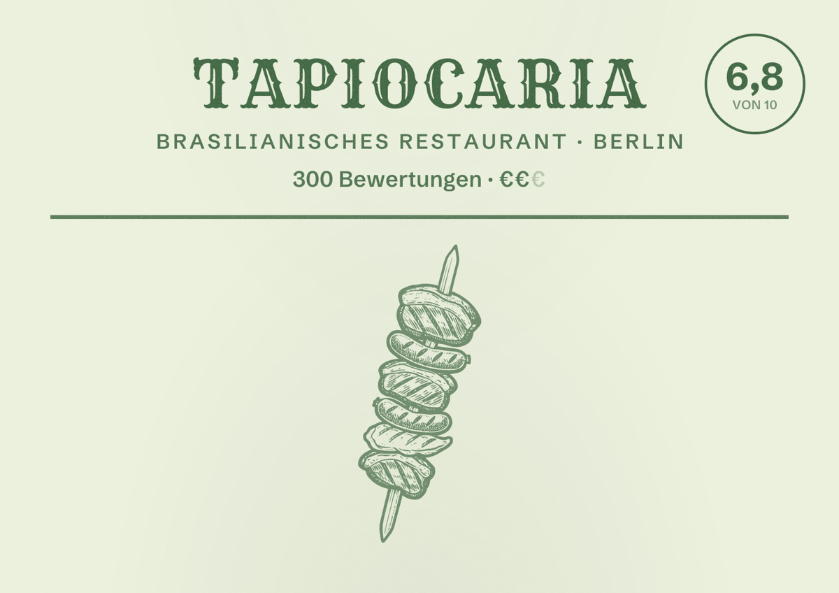 Illustriertes Poster von Tapiocaria, Brasilianisches Restaurant in Berlin: Bewertung 6,8 von 10 aus 300 Bewertungen, Preisniveau €€