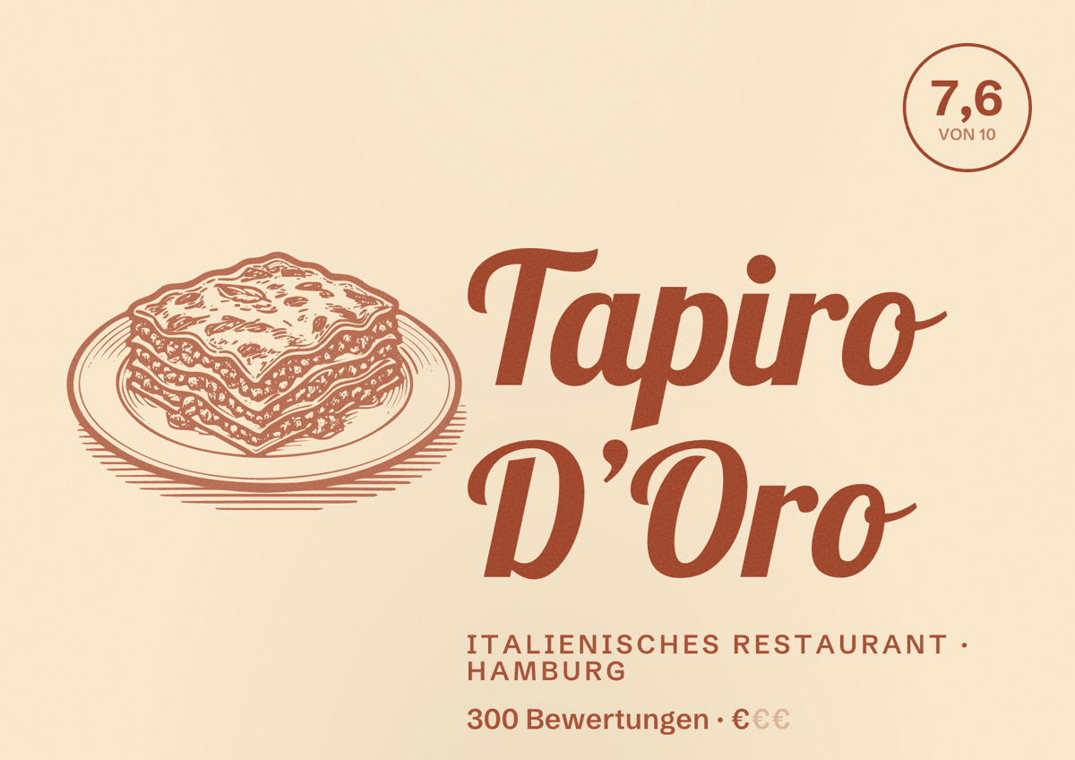 Illustriertes Poster von Tapiro D’Oro, Italienisches Restaurant in Hamburg: Bewertung 7,6 von 10 aus 300 Bewertungen, Preisniveau €