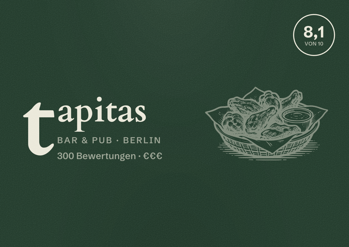 Illustriertes Poster von tapitas, Bar & Pub in Berlin: Bewertung 8,1 von 10 aus 300 Bewertungen, Preisniveau €€€