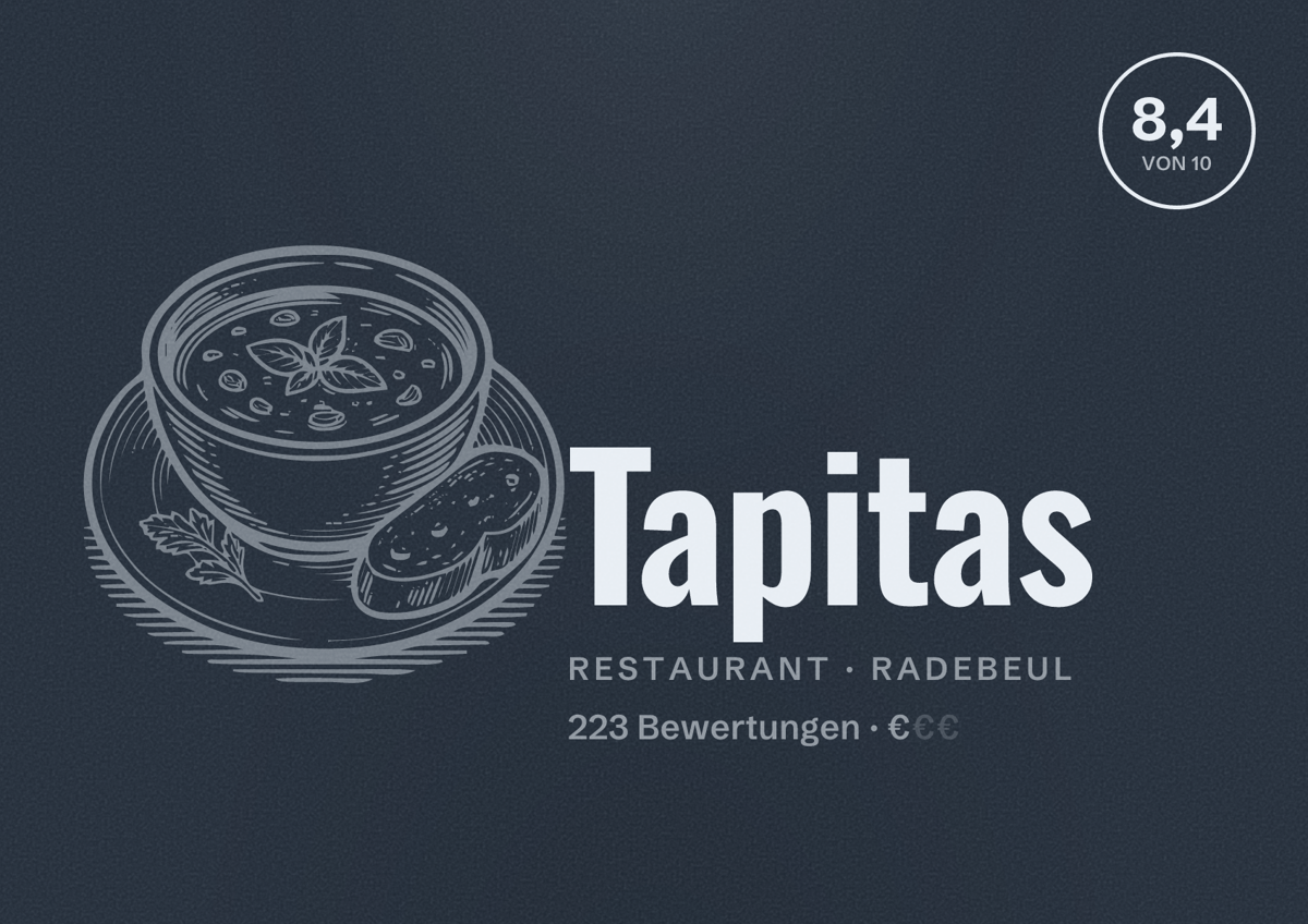 Illustriertes Poster von Tapitas, Restaurant in Radebeul: Bewertung 8,4 von 10 aus 223 Bewertungen, Preisniveau €