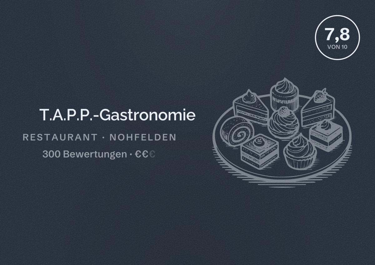 Illustriertes Poster von T.A.P.P.-Gastronomie, Restaurant in Nohfelden: Bewertung 7,8 von 10 aus 300 Bewertungen, Preisniveau €€