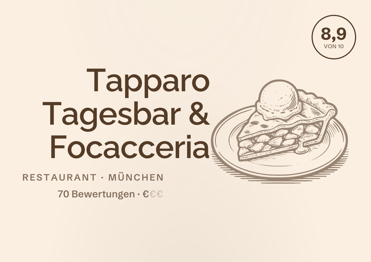 Illustriertes Poster von Tapparo Tagesbar & Focacceria, Restaurant in München: Bewertung 8,9 von 10 aus 70 Bewertungen, Preisniveau €