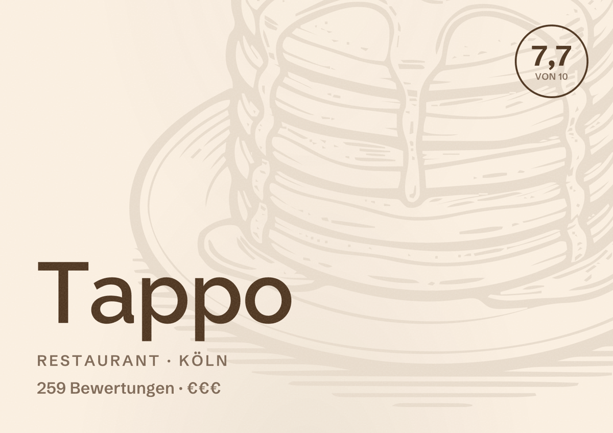 Illustriertes Poster von Tappo, Restaurant in Köln: Bewertung 7,7 von 10 aus 259 Bewertungen, Preisniveau €€€