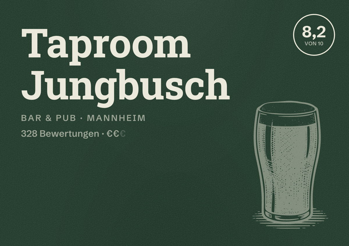 Illustriertes Poster von Taproom Jungbusch, Bar & Pub in Mannheim: Bewertung 8,2 von 10 aus 328 Bewertungen, Preisniveau €€