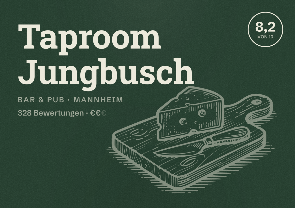 Illustriertes Poster von Taproom Jungbusch, Bar & Pub in Mannheim: Bewertung 8,2 von 10 aus 328 Bewertungen, Preisniveau €€