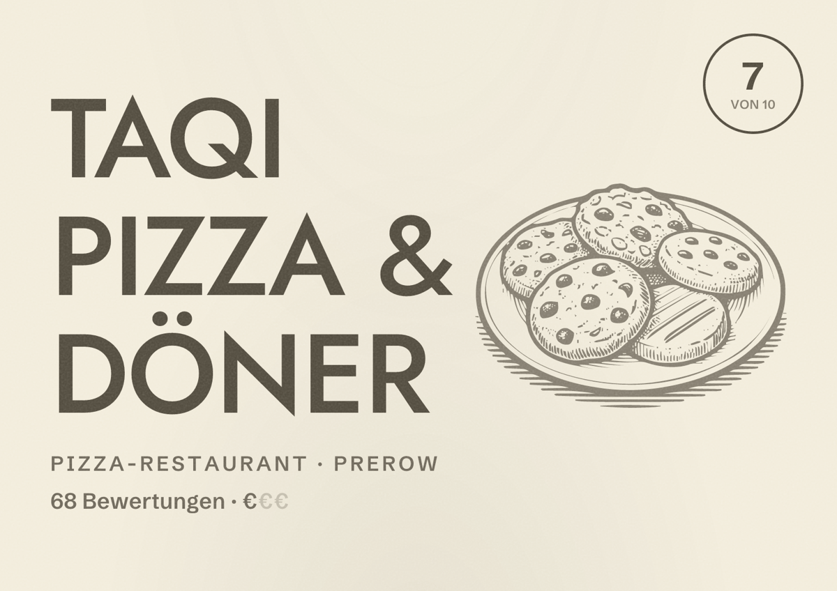 Illustriertes Poster von TAQI PIZZA & DÖNER, Pizza-Restaurant in Prerow: Bewertung 7 von 10 aus 68 Bewertungen, Preisniveau €
