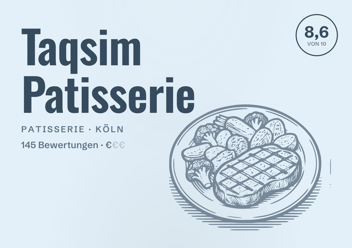 Illustriertes Poster von Taqsim Patisserie, Patisserie in Köln: Bewertung 8,6 von 10 aus 145 Bewertungen, Preisniveau €