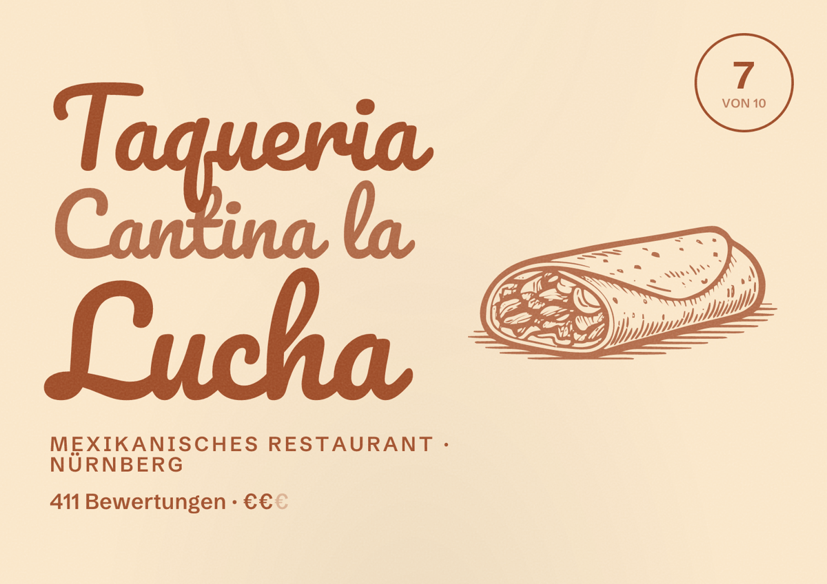 Illustriertes Poster von Taqueria Cantina la Lucha, Mexikanisches Restaurant in Nürnberg: Gästebewertung 7 von 10 aus 411 Bewertungen