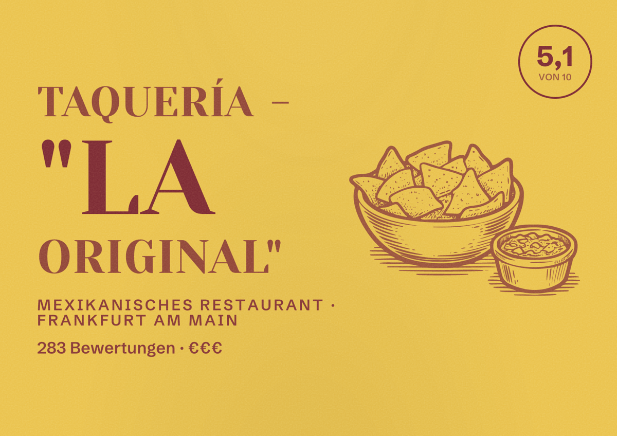 Illustriertes Poster von TAQUERÍA - "La original", Mexikanisches Restaurant in Frankfurt am Main: Bewertung 5,1 von 10 aus 283 Bewertungen, Preisniveau €€€