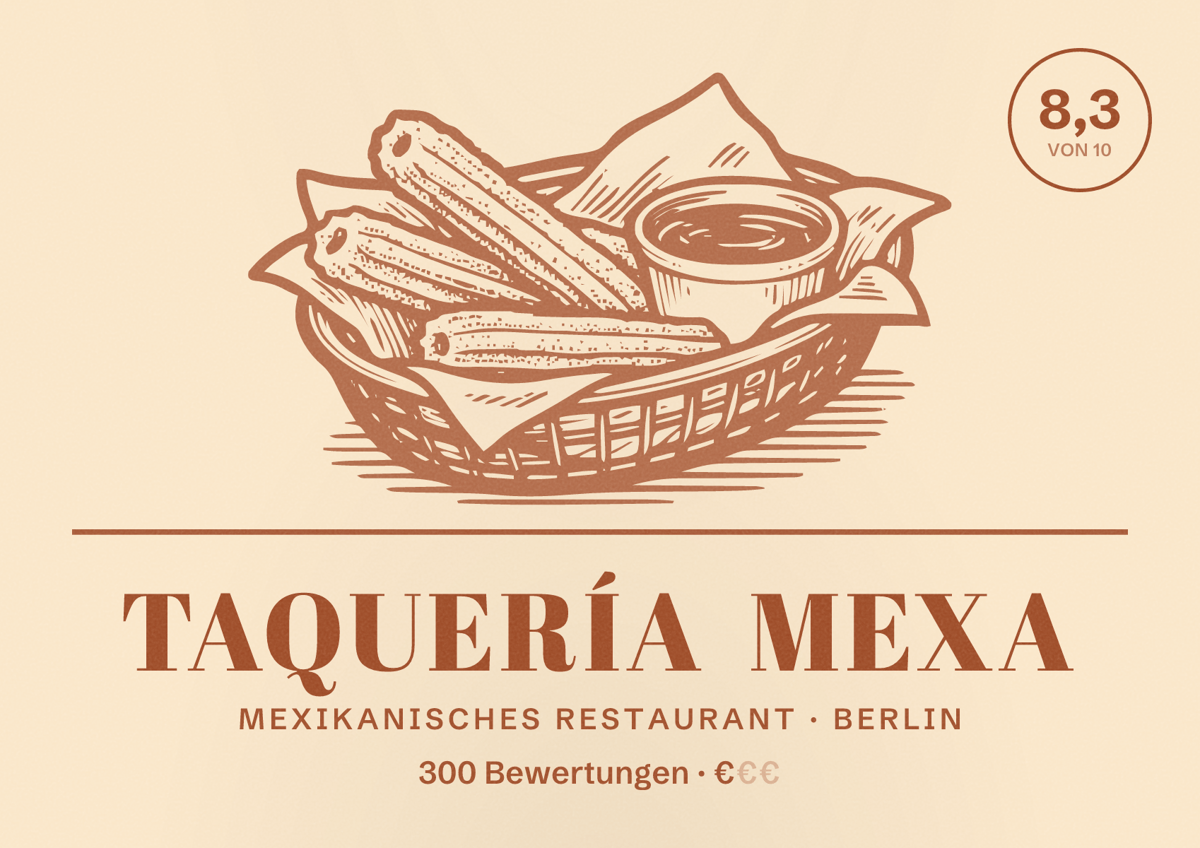 Illustriertes Poster von Taquería Mexa, Mexikanisches Restaurant in Berlin: Bewertung 8,3 von 10 aus 300 Bewertungen, Preisniveau €