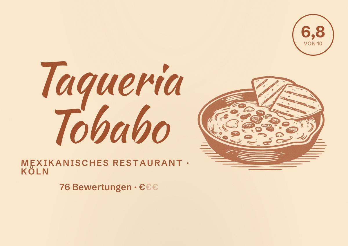 Illustriertes Poster von Taqueria Tobabo, Mexikanisches Restaurant in Köln: Bewertung 6,8 von 10 aus 76 Bewertungen, Preisniveau €