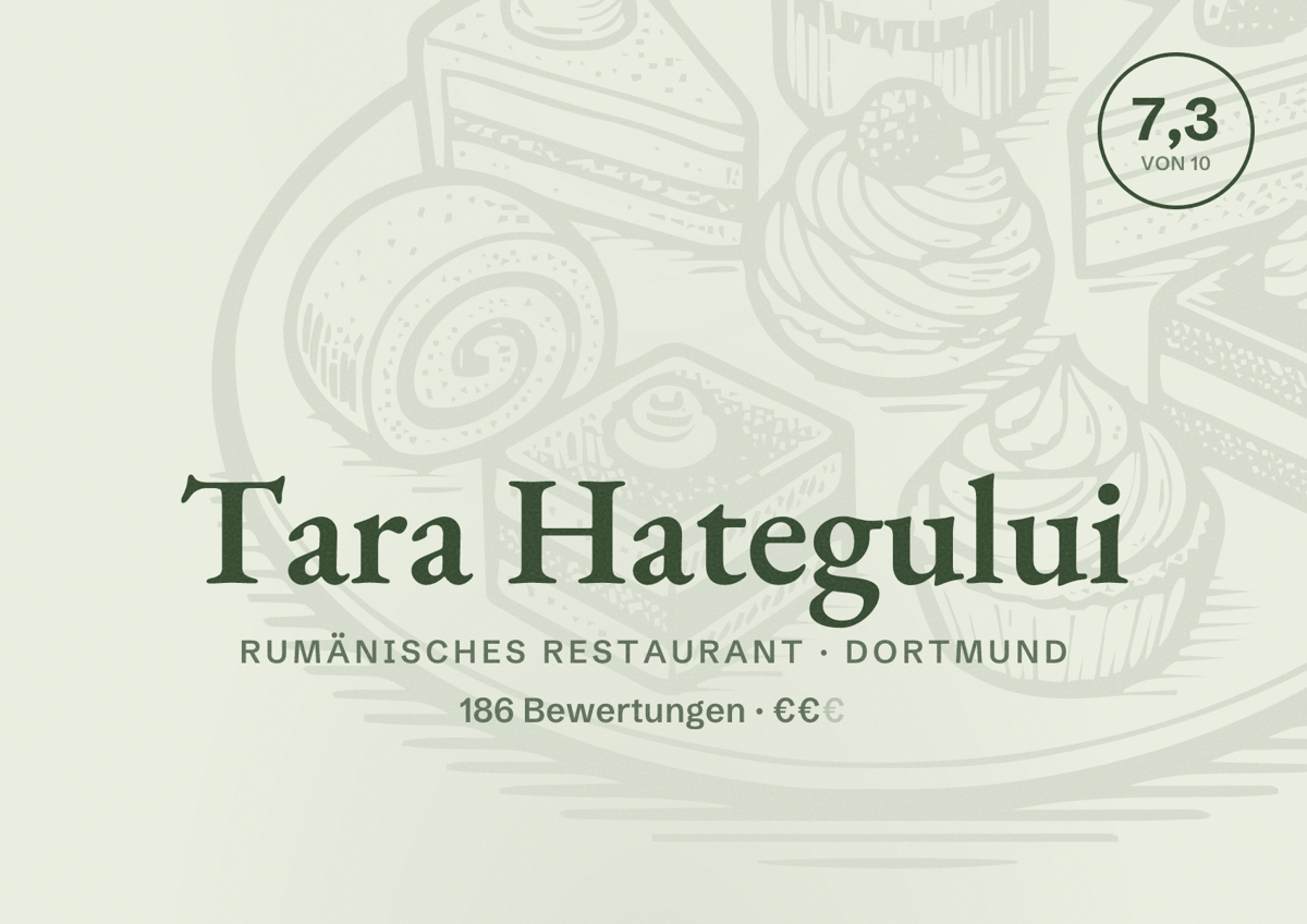 Illustriertes Poster von Tara Hategului, Rumänisches Restaurant in Dortmund: Bewertung 7,3 von 10 aus 186 Bewertungen, Preisniveau €€
