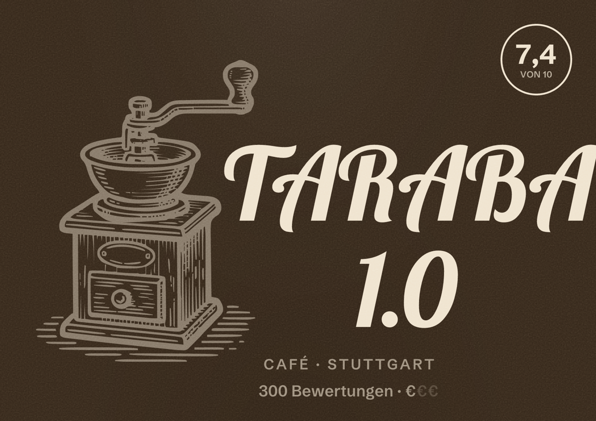 Illustriertes Poster von TARABA 1.0, Café in Stuttgart: Bewertung 7,4 von 10 aus 300 Bewertungen, Preisniveau €