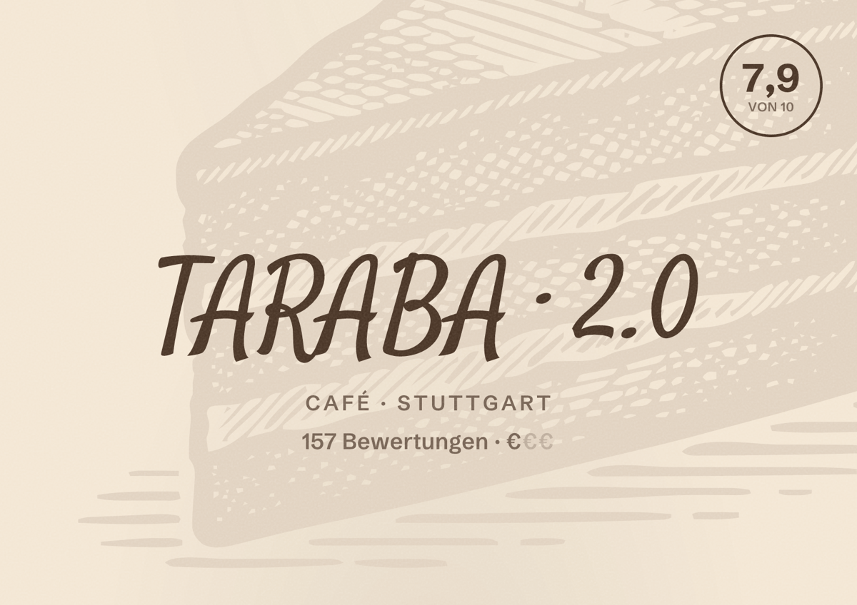 Illustriertes Poster von TARABA 2.0, Café in Stuttgart: Bewertung 7,9 von 10 aus 157 Bewertungen, Preisniveau €