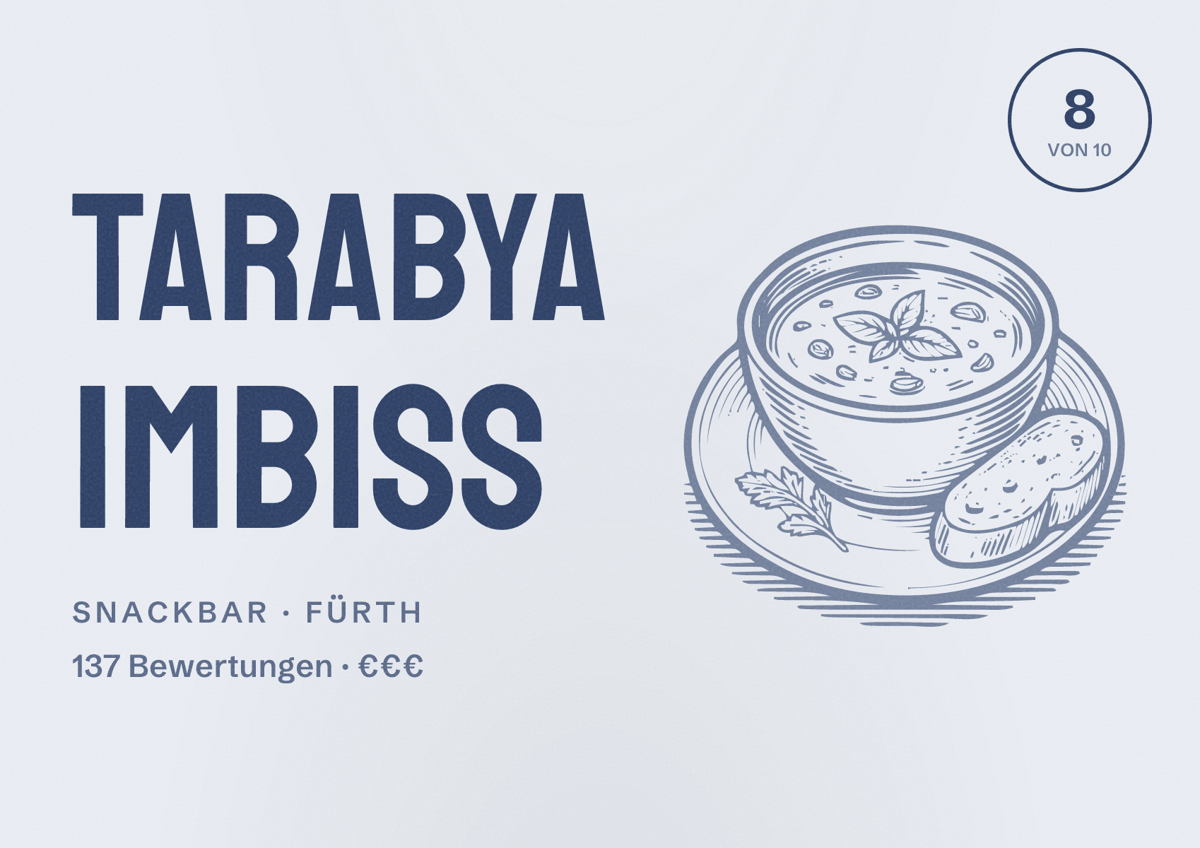 Illustriertes Poster von Tarabya Imbiss, Snackbar in Fürth: Bewertung 8 von 10 aus 137 Bewertungen, Preisniveau €€€