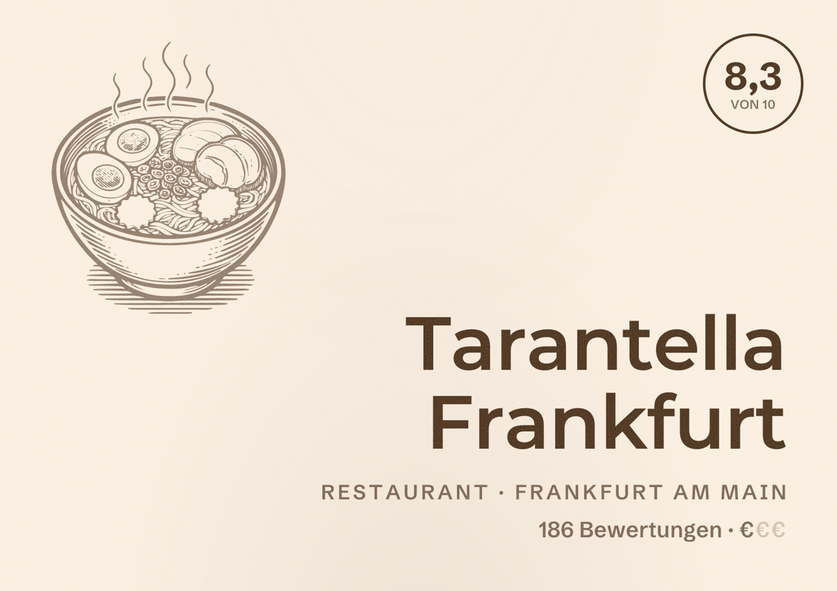 Illustriertes Poster von Tarantella Frankfurt, Restaurant in Frankfurt am Main: Bewertung 8,3 von 10 aus 186 Bewertungen, Preisniveau €