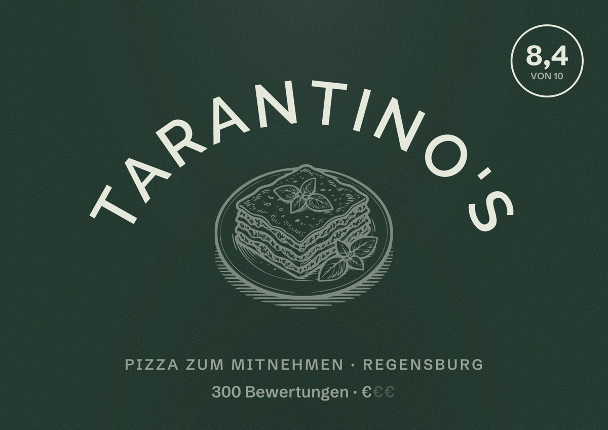 Illustriertes Poster von Tarantino's, Pizza zum Mitnehmen in Regensburg: Bewertung 8,4 von 10 aus 300 Bewertungen, Preisniveau €