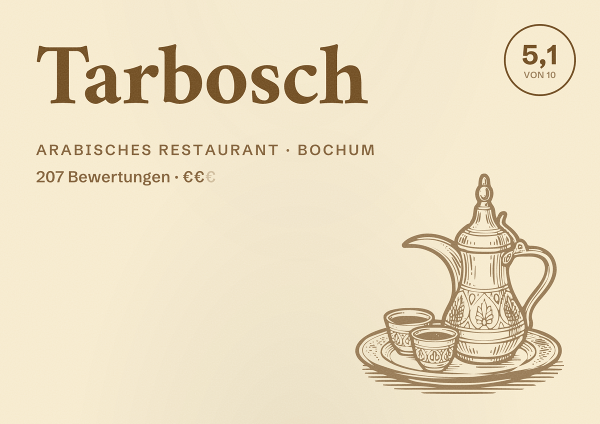 Illustriertes Poster von Tarbosch, Arabisches Restaurant in Bochum: Bewertung 5,1 von 10 aus 207 Bewertungen, Preisniveau €€