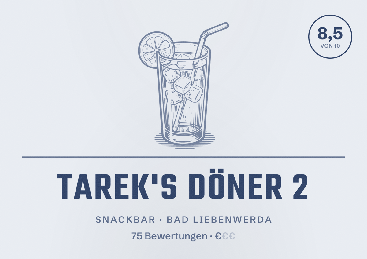 Illustriertes Poster von Tarek's Döner 2, Snackbar in Bad Liebenwerda: Bewertung 8,5 von 10 aus 75 Bewertungen, Preisniveau €