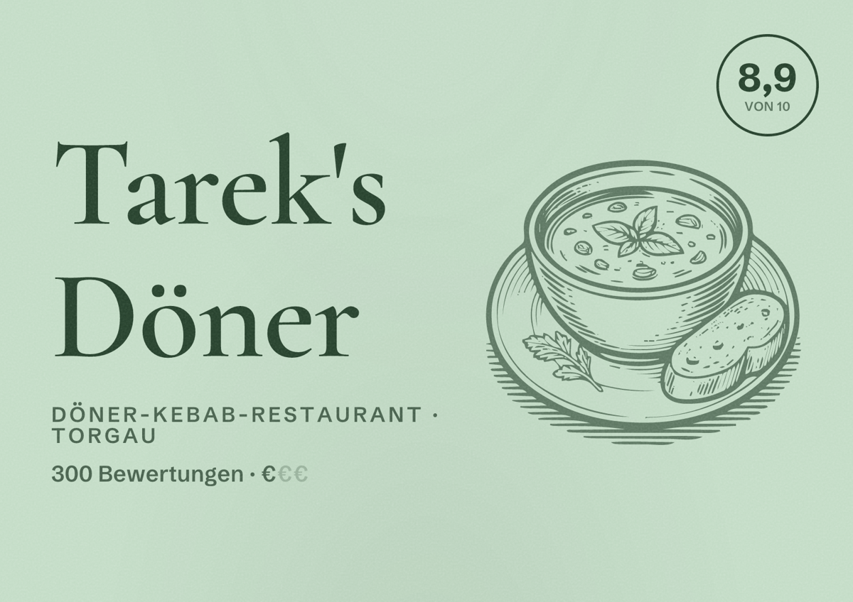 Illustriertes Poster von Tarek's Döner, Döner-Kebab-Restaurant in Torgau: Bewertung 8,9 von 10 aus 300 Bewertungen, Preisniveau €