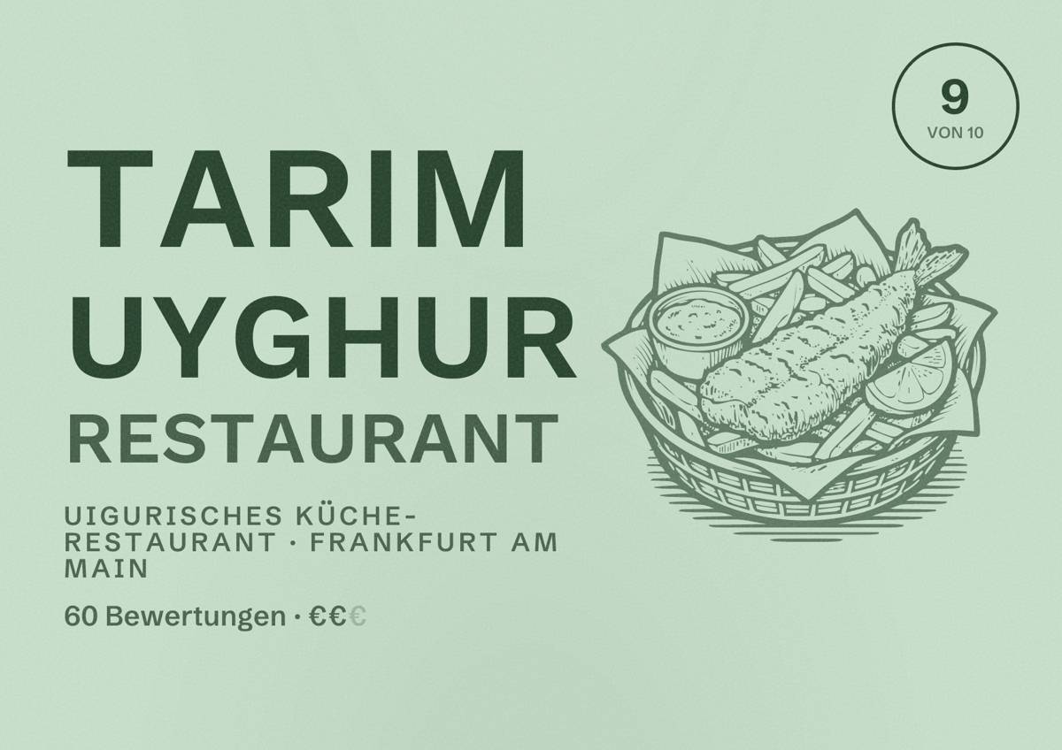 Illustriertes Poster von Tarim Uyghur Restaurant, Uigurisches Küche-Restaurant in Frankfurt am Main: Bewertung 9,0 von 10 aus 60 Bewertungen, Preisniveau €€