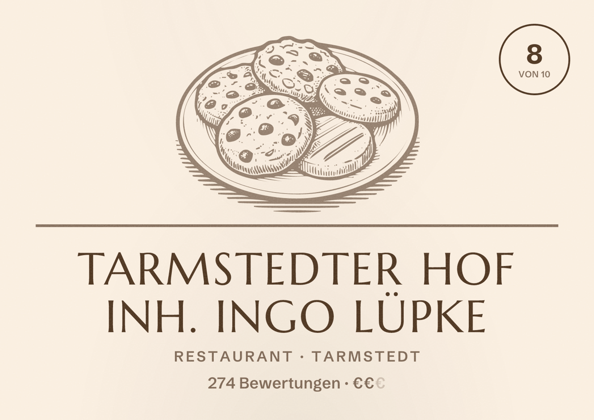 Illustriertes Poster von Tarmstedter Hof Inh. Ingo Lüpke, Restaurant in Tarmstedt: Bewertung 8 von 10 aus 274 Bewertungen, Preisniveau €€