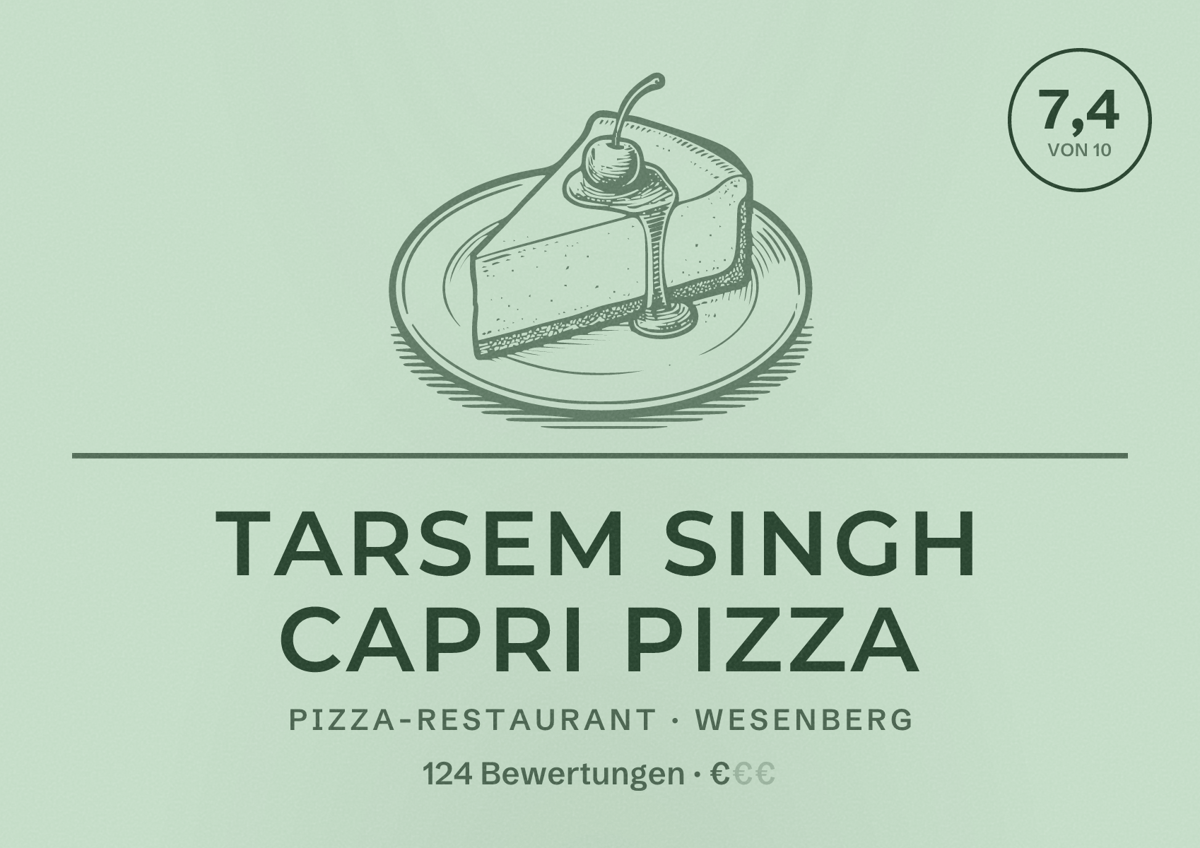 Illustriertes Poster von Tarsem Singh Capri pizza, Pizza-Restaurant in Wesenberg: Bewertung 7,4 von 10 aus 124 Bewertungen, Preisniveau €