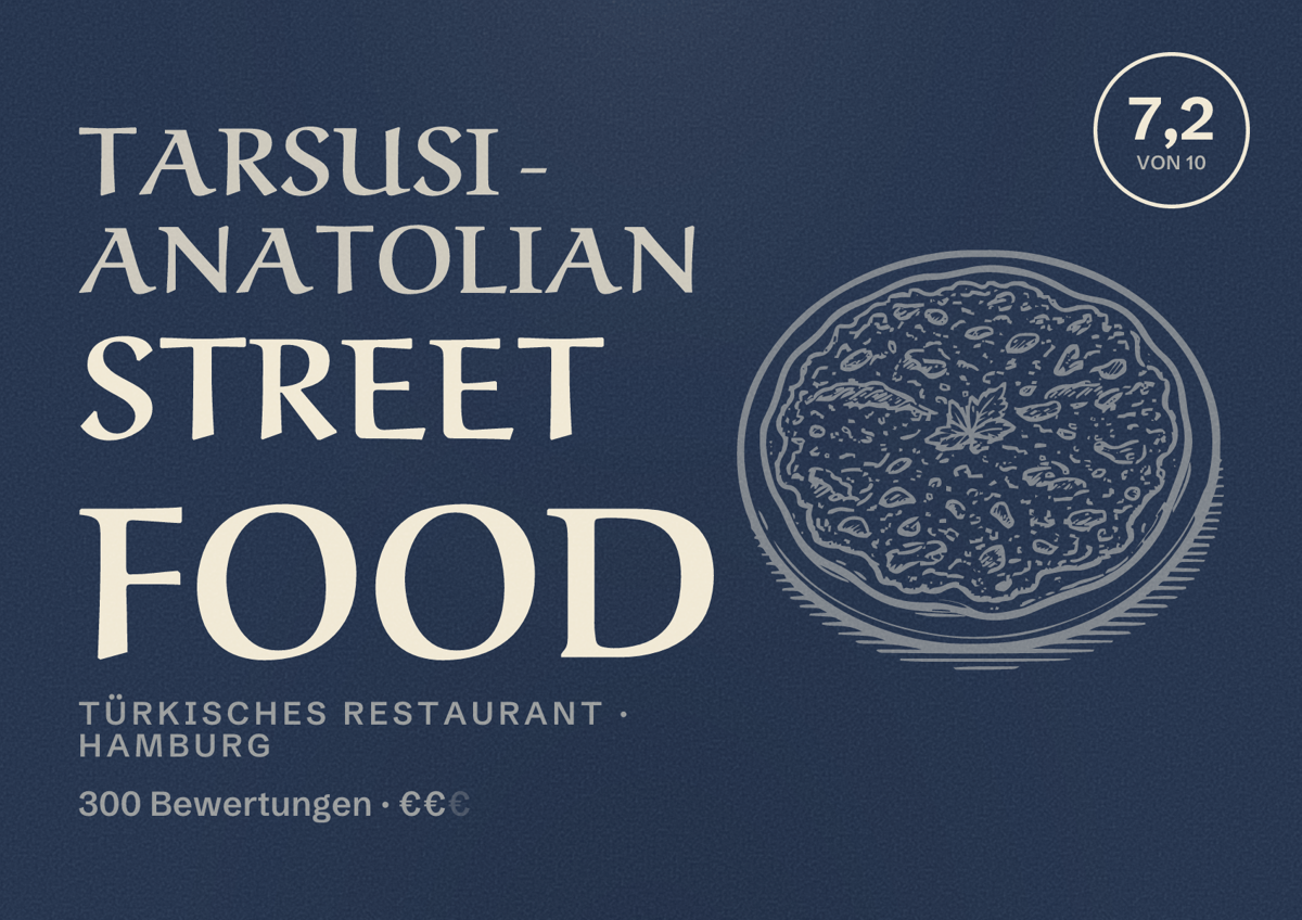 Illustriertes Poster von Tarsusi - anatolian street food, Türkisches Restaurant in Hamburg: Bewertung 7,2 von 10 aus 300 Bewertungen, Preisniveau €€