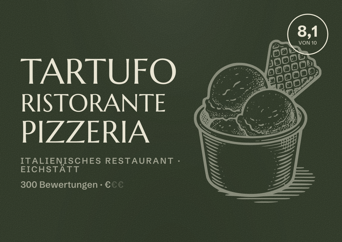 Illustriertes Poster von Tartufo Ristorante Pizzeria, Italienisches Restaurant in Eichstätt: Bewertung 8,1 von 10 aus 300 Bewertungen, Preisniveau €