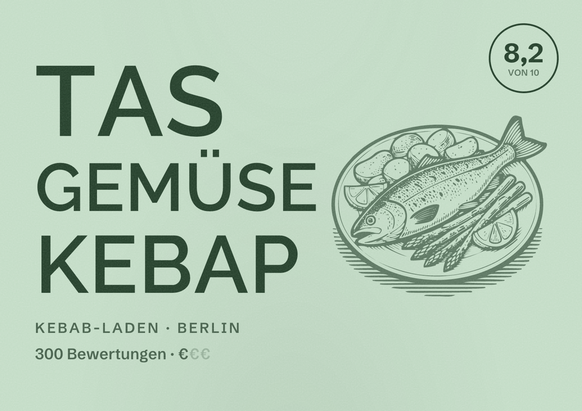 Illustriertes Poster von TAS Gemüse Kebap, Kebab-Laden in Berlin: Bewertung 8,2 von 10 aus 300 Bewertungen, Preisniveau €