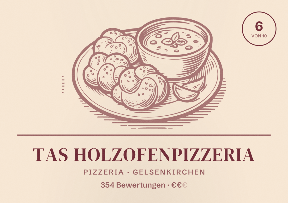 Illustriertes Poster von Tas Holzofenpizzeria, Pizzeria in Gelsenkirchen: Bewertung 6 von 10 aus 354 Bewertungen, Preisniveau €€