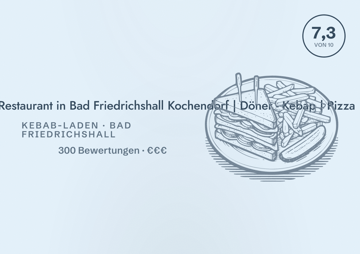 Illustriertes Poster von TAS Kebap - Türkisches Restaurant in Bad Friedrichshall Kochendorf | Döner - Kebap | Pizza, Kebab-Laden in Bad Friedrichshall: Bewertung 7,3 von 10 aus 300 Bewertungen, Preisniveau €€€