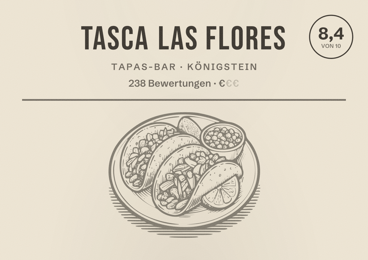 Illustriertes Poster von Tasca las Flores, Tapas-Bar in Königstein: Bewertung 8,4 von 10 aus 238 Bewertungen, Preisniveau €