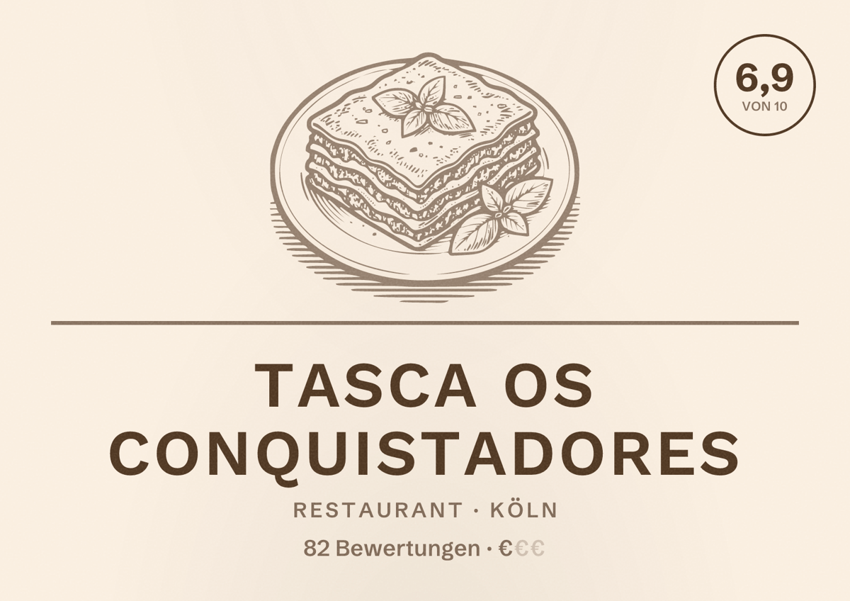 Illustriertes Poster von Tasca Os Conquistadores, Restaurant in Köln: Bewertung 6,9 von 10 aus 82 Bewertungen, Preisniveau €