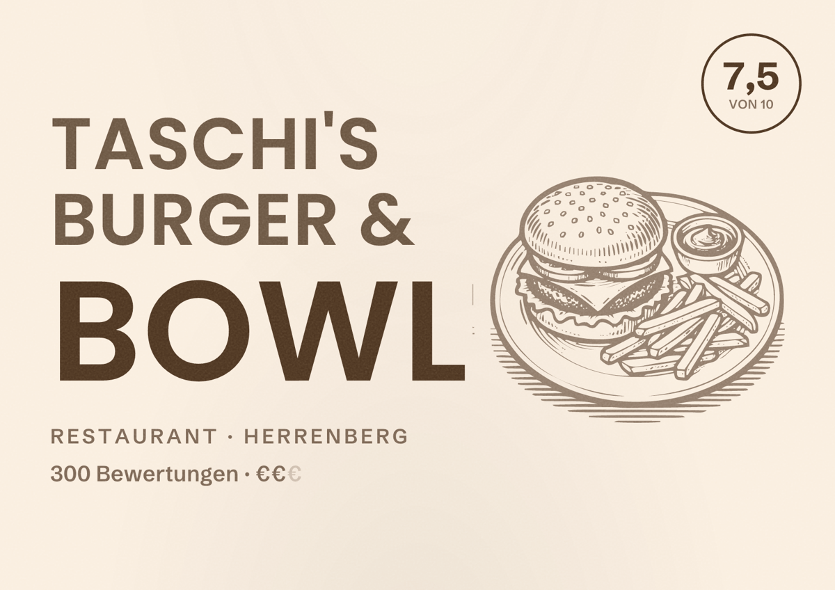 Illustriertes Poster von Taschi's Burger & Bowl, Restaurant in Herrenberg: Bewertung 7,5 von 10 aus 300 Bewertungen, Preisniveau €€
