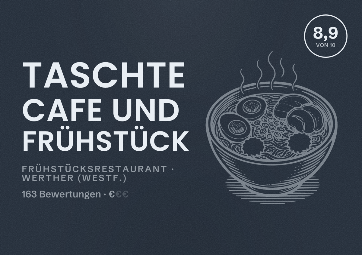 Illustriertes Poster von Taschte Cafe und Frühstück, Frühstücksrestaurant in Werther (Westf.): Bewertung 8,9 von 10 aus 163 Bewertungen, Preisniveau €