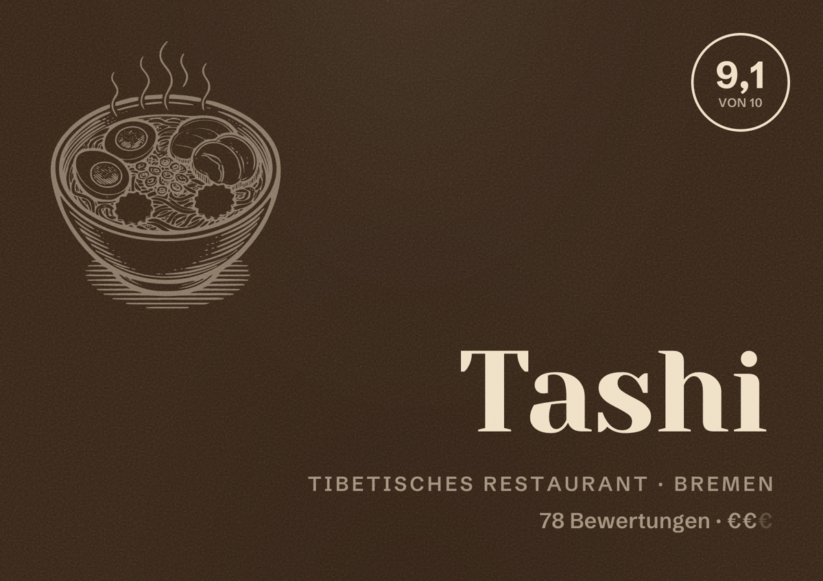 Illustriertes Poster von Tashi, Tibetisches Restaurant in Bremen: Bewertung 9,1 von 10 aus 78 Bewertungen, Preisniveau €€