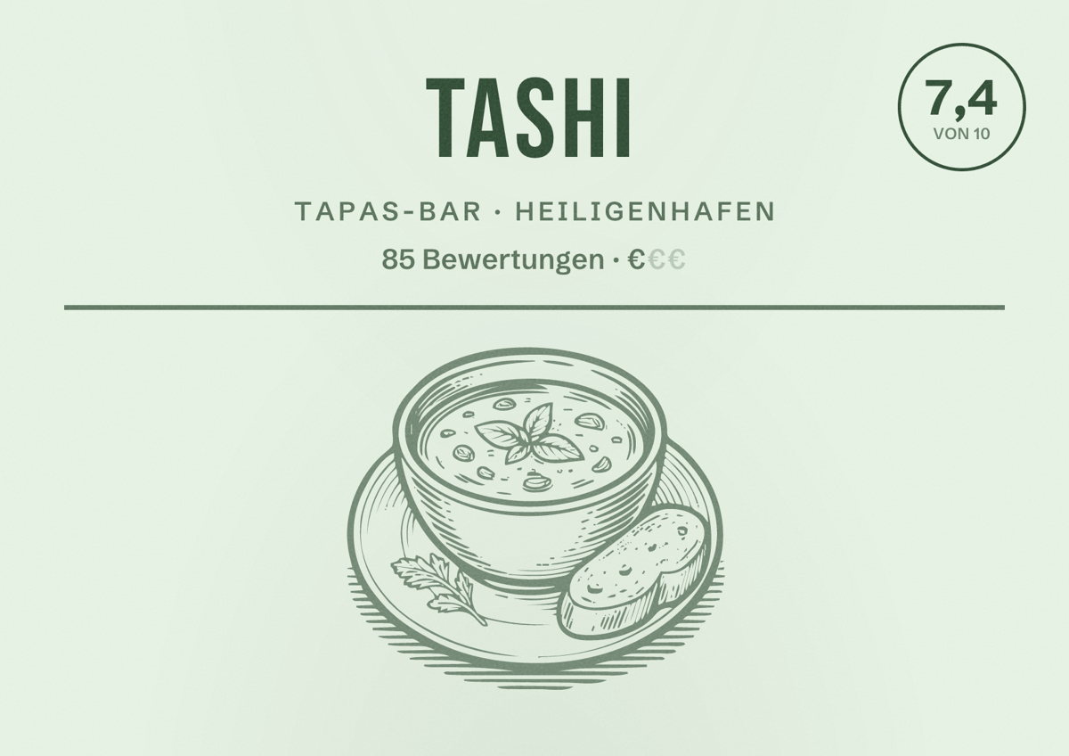 Illustriertes Poster von Tashi, Tapas-Bar in Heiligenhafen: Bewertung 7,4 von 10 aus 85 Bewertungen, Preisniveau €