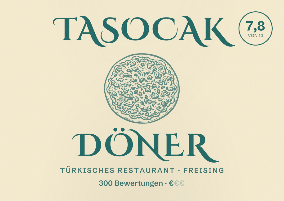 Illustriertes Poster von Tasocak Döner, Türkisches Restaurant in Freising: Bewertung 7,8 von 10 aus 300 Bewertungen, Preisniveau €